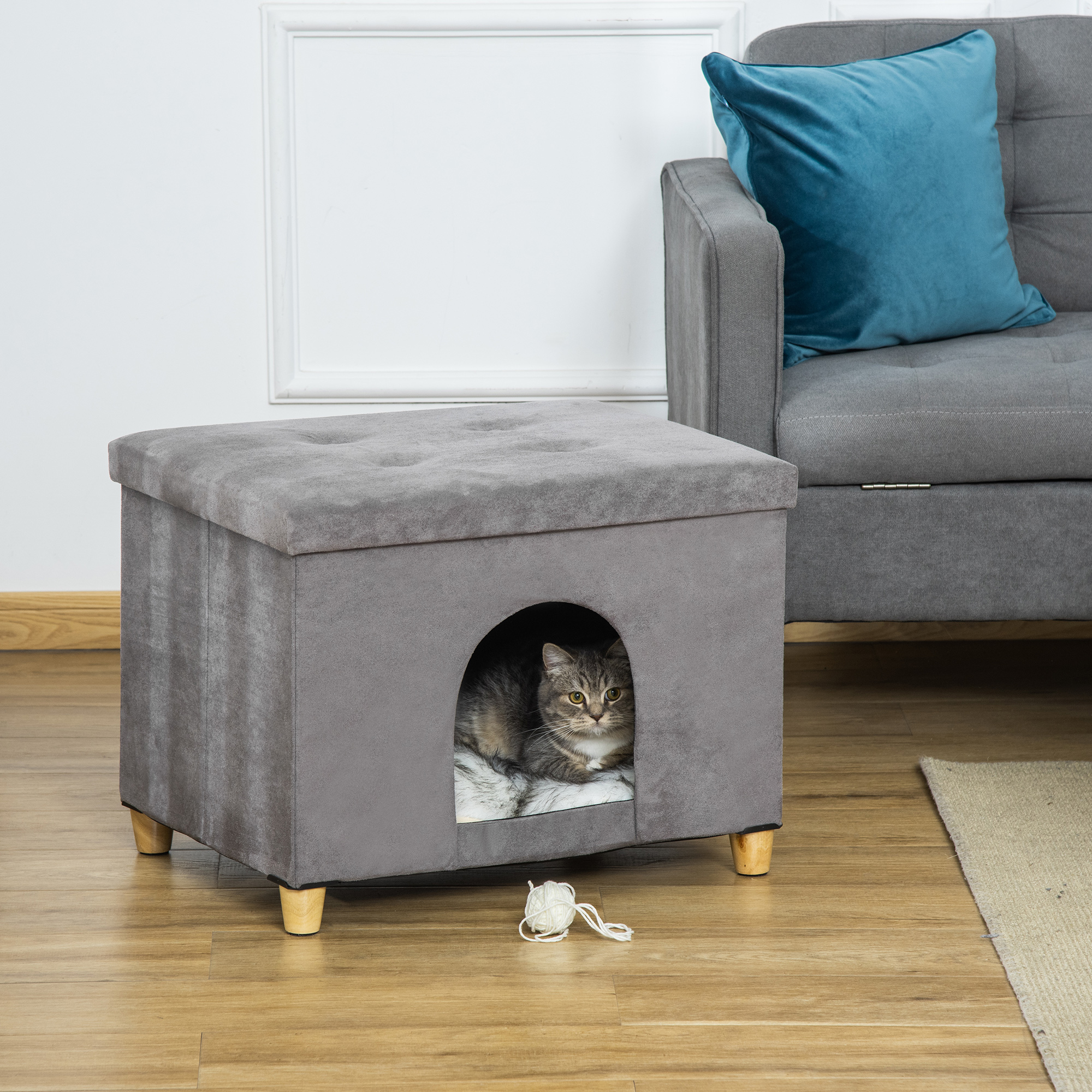 Pawhut Casetta per Gatti Pouf Poggiapiedi Imbottito con Cuscino Rimovibile e Lavabile, Grigio Aosom