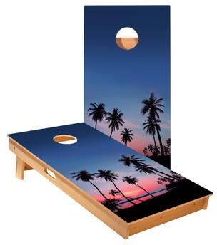 Skip's Garage Palm Tree Sunset Cornhole Boards