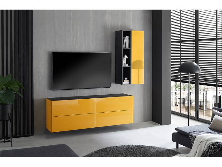 TV-Lowboard Wende-Deckplatte Typ B Deckplatte: Spanplatte, foliert Front & Korpus: Glas, lackiert Gelb/Gelb 181 x 63 x 42cm
