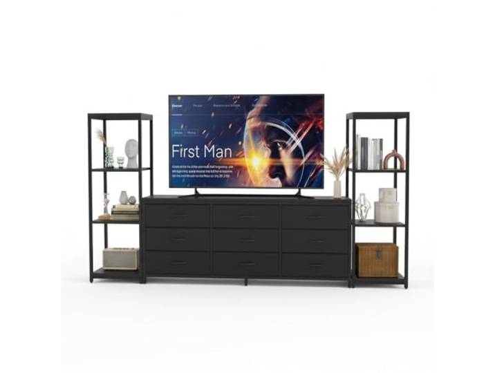 TV-Board 9 Schubladen schwarz, Lowboard mit viel Stauraum für 75 Zoll 9 Stoffschubladen für ordentliche Aufbewahrung, offene Fächer für flexible Nutzung, stabil für große TV-Geräte