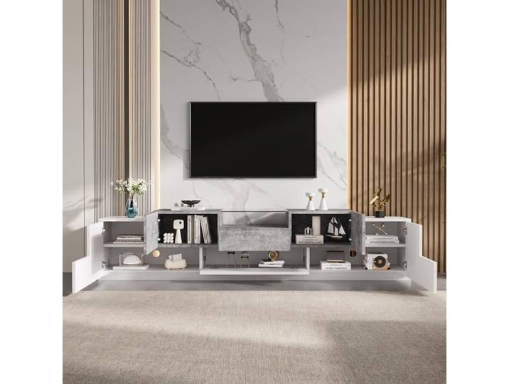Norevia Meuble TV Blanc Brillant et Gris Ciment 200 cm avec Étagère en Verre