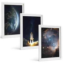 BILDER SET 3er Set - 40x60 cm Weißer Rahmen - Weltraum Erde Rakete Galaxie