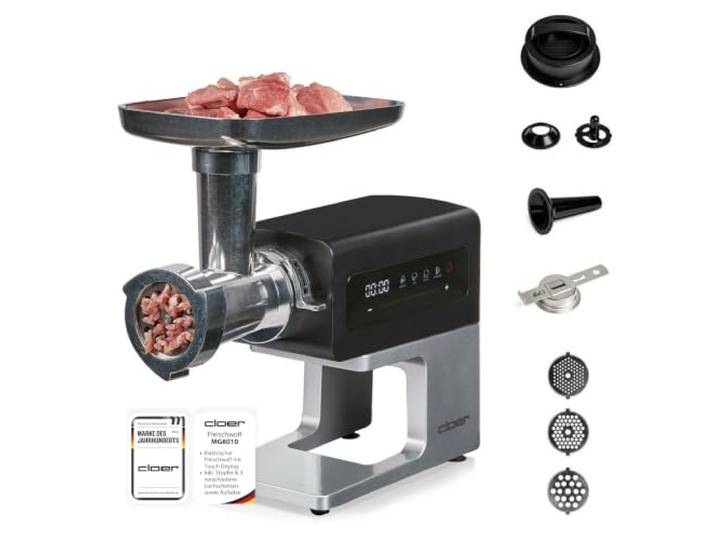 Cloer MG8010 Fleischwolf mit Touch Display & Zubehör, 600W 3 Edelstahl-Lochscheiben, Wurstfüllaufsatz, Kibbeh-Aufsatz, Spritzgebäckaufsatz, 3-in-1 Burgerpresse