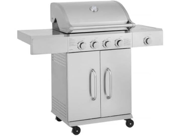Gasgrill aus Edelstahl mit 5 Brennern, davon 1 seitlicher Brazzo -Brenner – 118 x 57 x 104 cm – Hellgrau