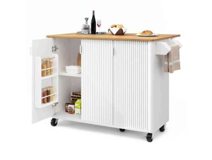 Ropilly Kücheninsel mit Stauraum, MDF, Rollen und Klappplatte Mobile Kücheninsel mit 3 Türen, 5 Rollen, Gewürzregal und klappbarer Platte