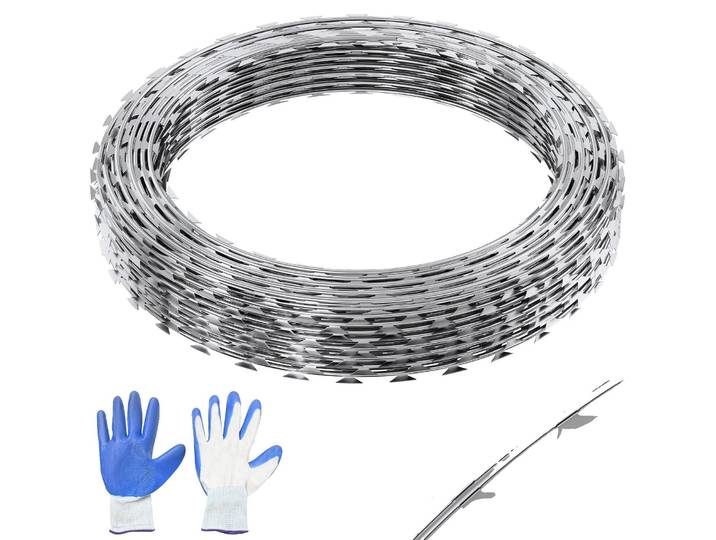 VEVOR Fil de fer naturel 75 m (5 rouleaux x 15 m) Fil de fer barbelé Spirale Fil de fer barbelé Clôture (0\,51 mm) lames tranchantes et (env. 4 mm) fils d'âme épais Grillage pour une protection spirale exceptionnelle