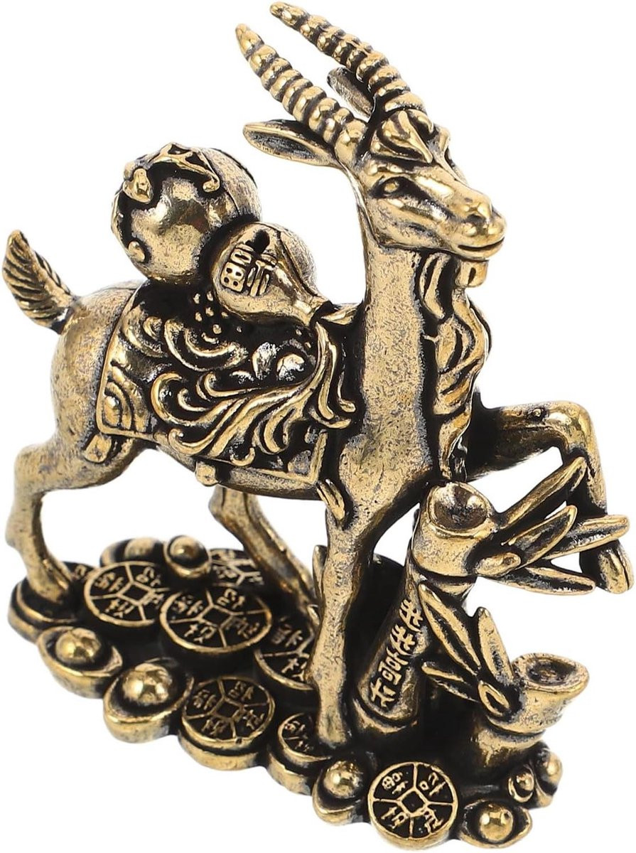 Messing Geitenbeeldje Goud - Feng Shui Ornament voor Bureau Decoratie - B/D/H: 5,50 x 5,10 x 2,00 cm
