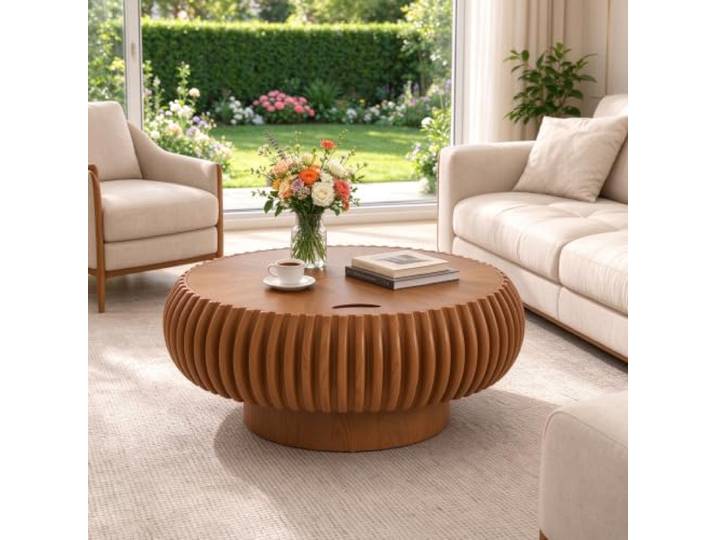 Runder Couchtisch mit Staufach 80 cm Sofatisch Holz für Wohnzimmer Runder Trommel Sofatisch mit Sockel, modern geriffelter Wohnzimmertisch für kleine Räume/Balkon, einfache Montage, Braun