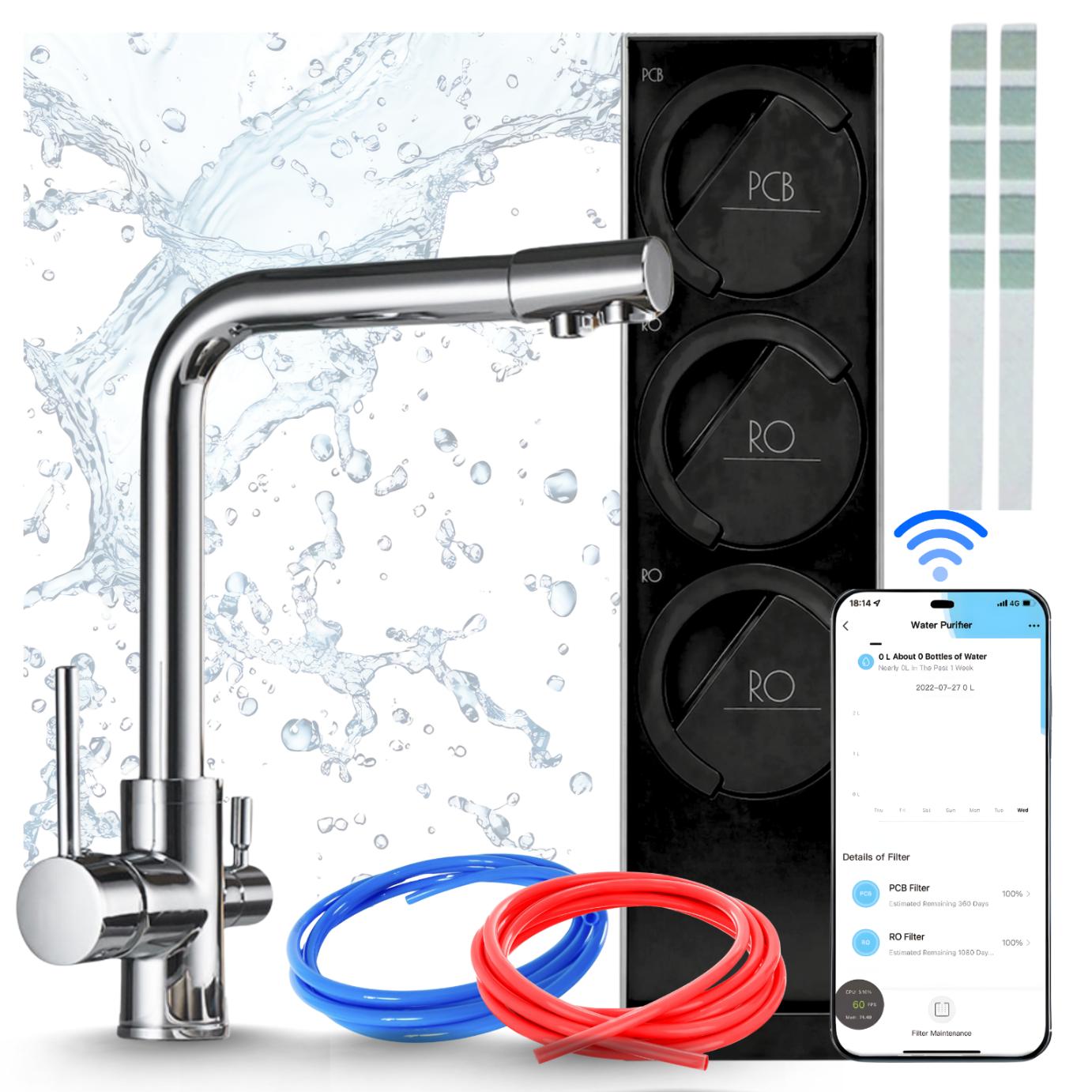 Küchenarmatur Mit Wasserfiltersystem Ari 800Gpd Smart, Wifi, Umkehrosmose, Verchromtes Messing, Keramikkartusche, Perlator, Zweigriffarmatur, Chrom