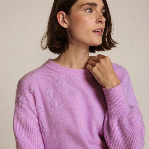 Rundhalspullover mit aufgestickten Blumen für Damen in Petite-Größe, Damen, size: petite, Lila, Wolle/Polyester/Viskose, by Lands' End