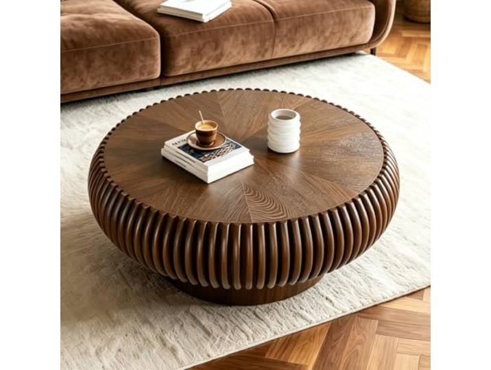 80 cm Runder Couchtisch Nussbaum Geriffeltes Trommel-Design im Mid-Century-Stil - Wohnzimmertisch, Kaffeetisch für Wohnzimmer, Wohnung, kleine Räume