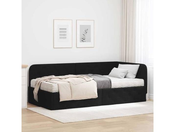 Stoff Eckbettgestell platzsparendes L Design 90 x 190 cm Schwarz Eckbettgestell mit Matratze Schwarz 90x190 cm Stoff Ecksofa Bett Platzsparendes L-Form Design mit Lattenrost für Schlafzimmer