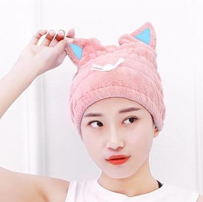 Everyday Crate Coral Fleece Hair Drying Cap With Cat Ears Quick Dry Hair Towel For Women Soft Absorbent Shower Cap pink
