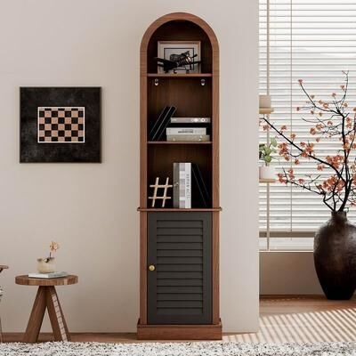 Tall Arched Corner Bookshelf with Shutter Door, Narrow Wooden Corner Display Cabinet, Freestanding Corner Storage Rack