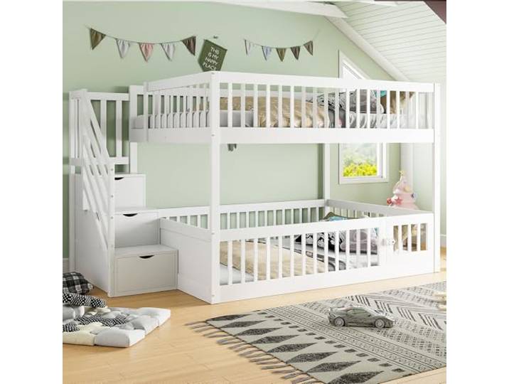 Merax Etagenbett 140x200 cm, Kinderbett mit Sicherheitstreppe, Holzeinzelbett mit Stauraumbett für Kinder und Jugendliche, Multifunktional, Platzsparend, Holzstruktur, Weiß (Ohne Matratze)