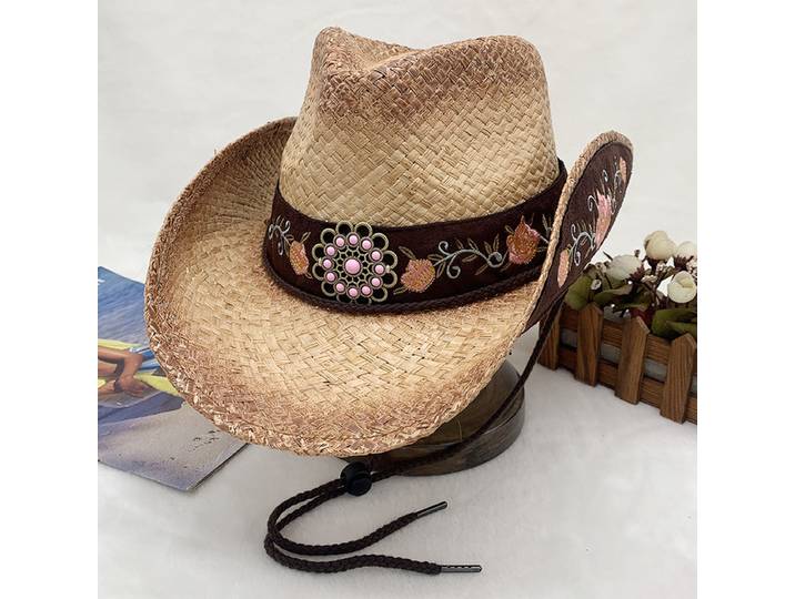 Chapeau de Cowboy en Raphia Tissé à la Main, Paille Brodée, Pare-soleil de Vacances, Style Européen et Américain, Offre Spéciale
