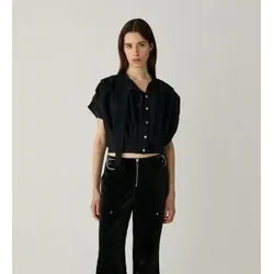 LAAGAM für Damen. M2324 Bluse Kora plissiert schwarz (L), Lässig, Polyester, Kurzarm