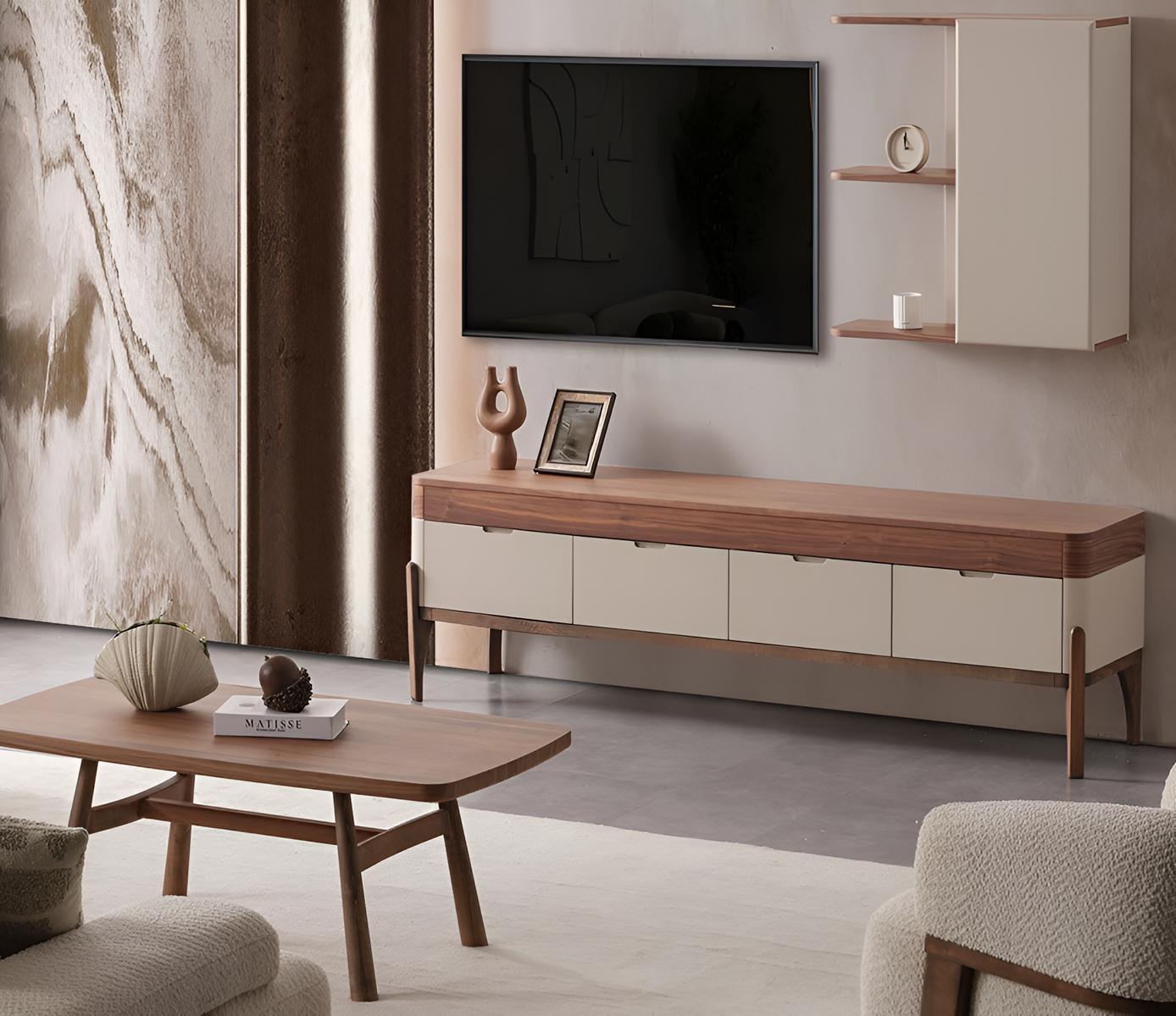 Designer Beige Wohnzimmergarnitur TV-Lowboard Holz Couchtisch 2tlg