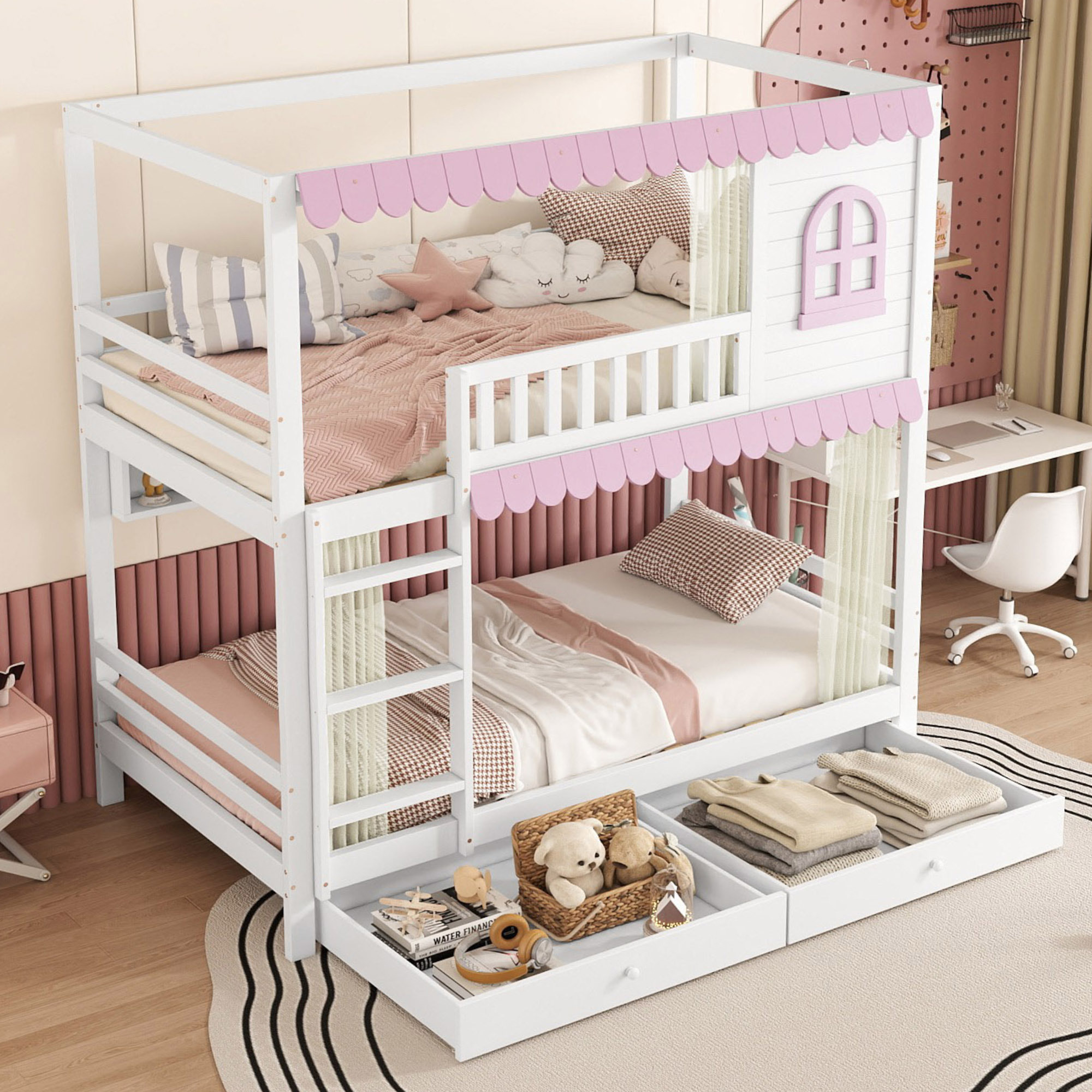 okwish Etagenbett, Kinderbett,90x200 mit Fenstern und Vorhängen mit Fallschutzgitter,offenes Regal,stabiles Geländer, 2 Schubladen mit Rollen + Stauraumweiß+rosa,mit zwei Matratze