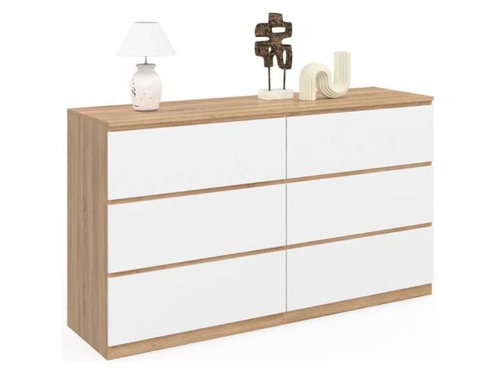 IDMarket Commode TOMI XXL 6 tiroirs 140x40x80 cm Bois façon hêtre et Blanc pour chambre et dressing