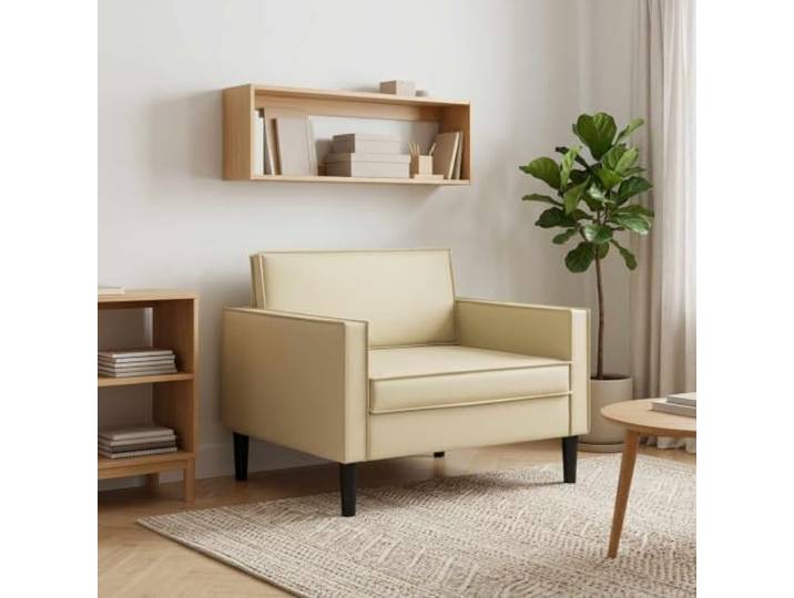 XL Sessel Creme Kunstleder Modernes rechteckiges Design,stützende Armlehnen,Hybridgestell Holzwerkstoff und Metall,pflegeleicht abwischbar