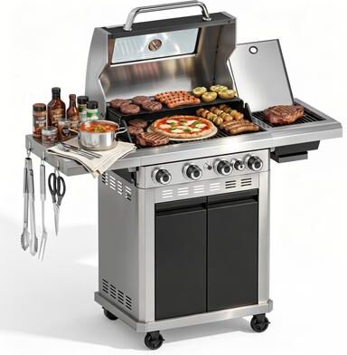 MAISON ARTS Heavy Duty Propane Gas BBQ Grill with Side Burner & Porcelain-Enameled Cast Iron Grate and Plate