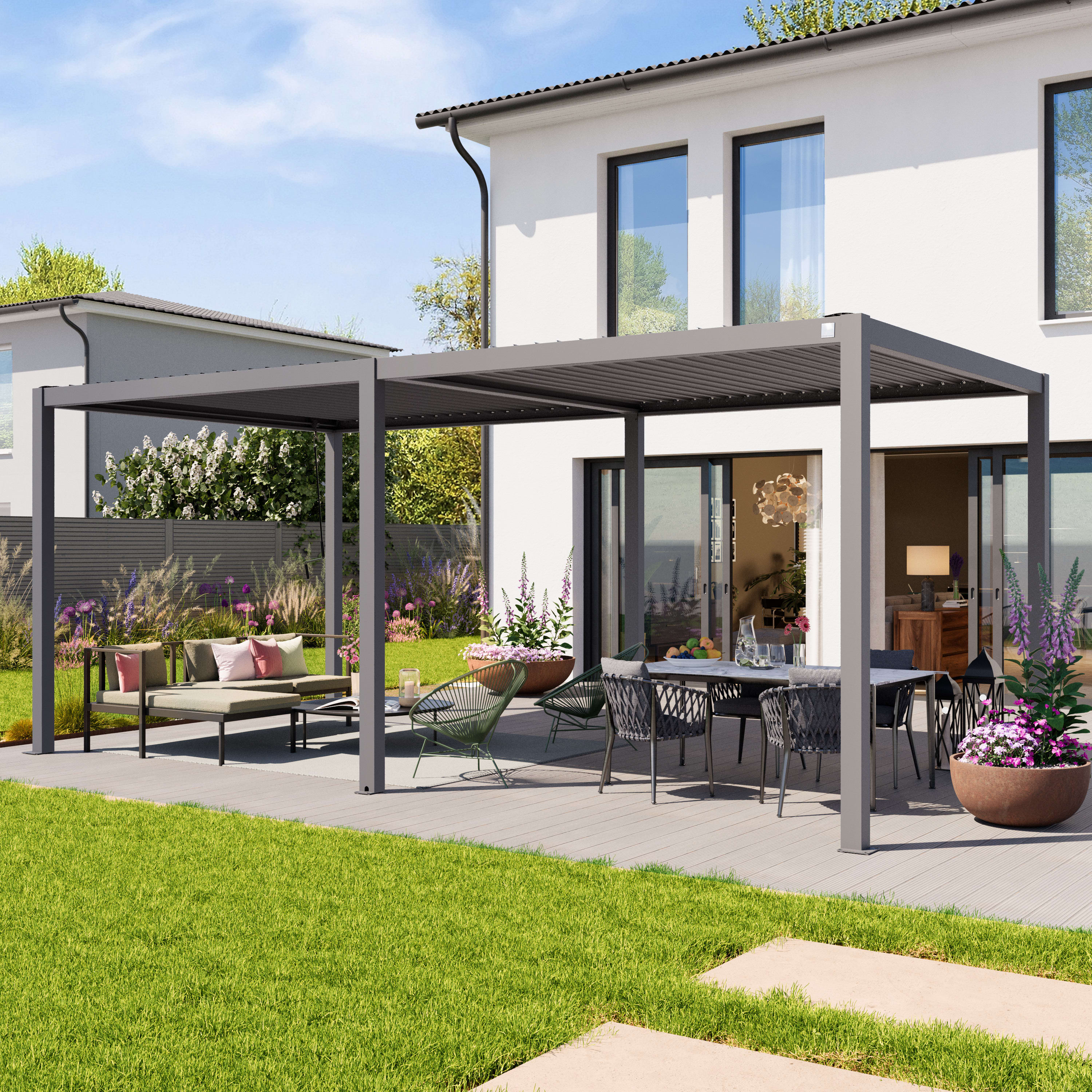 PRIMEYARD 3x6m Pergola in Perlgrau; mit Lamellendach in Perlgrau - (400110)