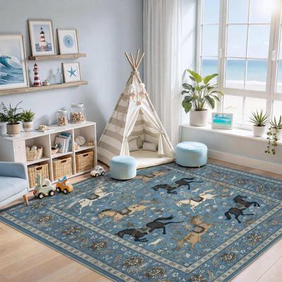 Bluebell Boho Horse Print Washable Indoor Area Rug 5x7, Non-Slip, Tassels - 5'x7'