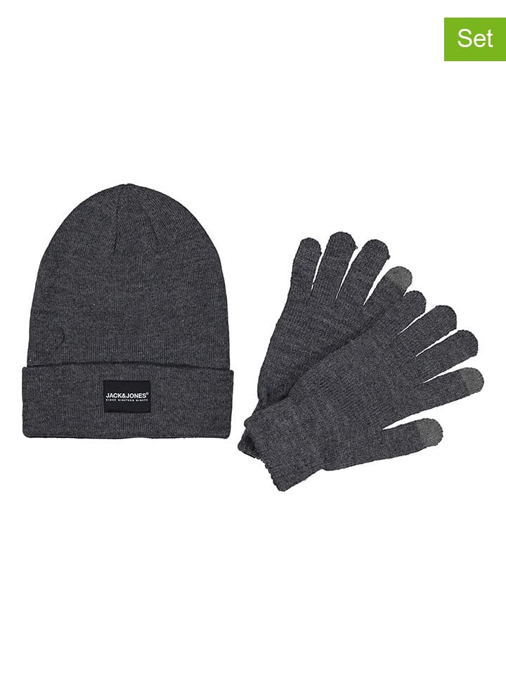 Jack & Jones 2tlg. Set: Beanie und Handschuhe in Grau - onesize