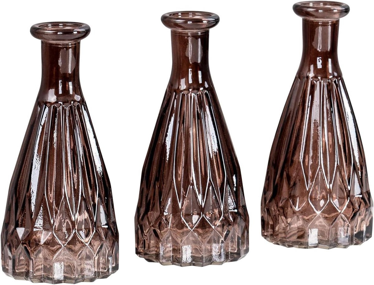 Set van 3 bruine decoratieve glazen vazen met kristalpatroon, Hoogte: 15 cm