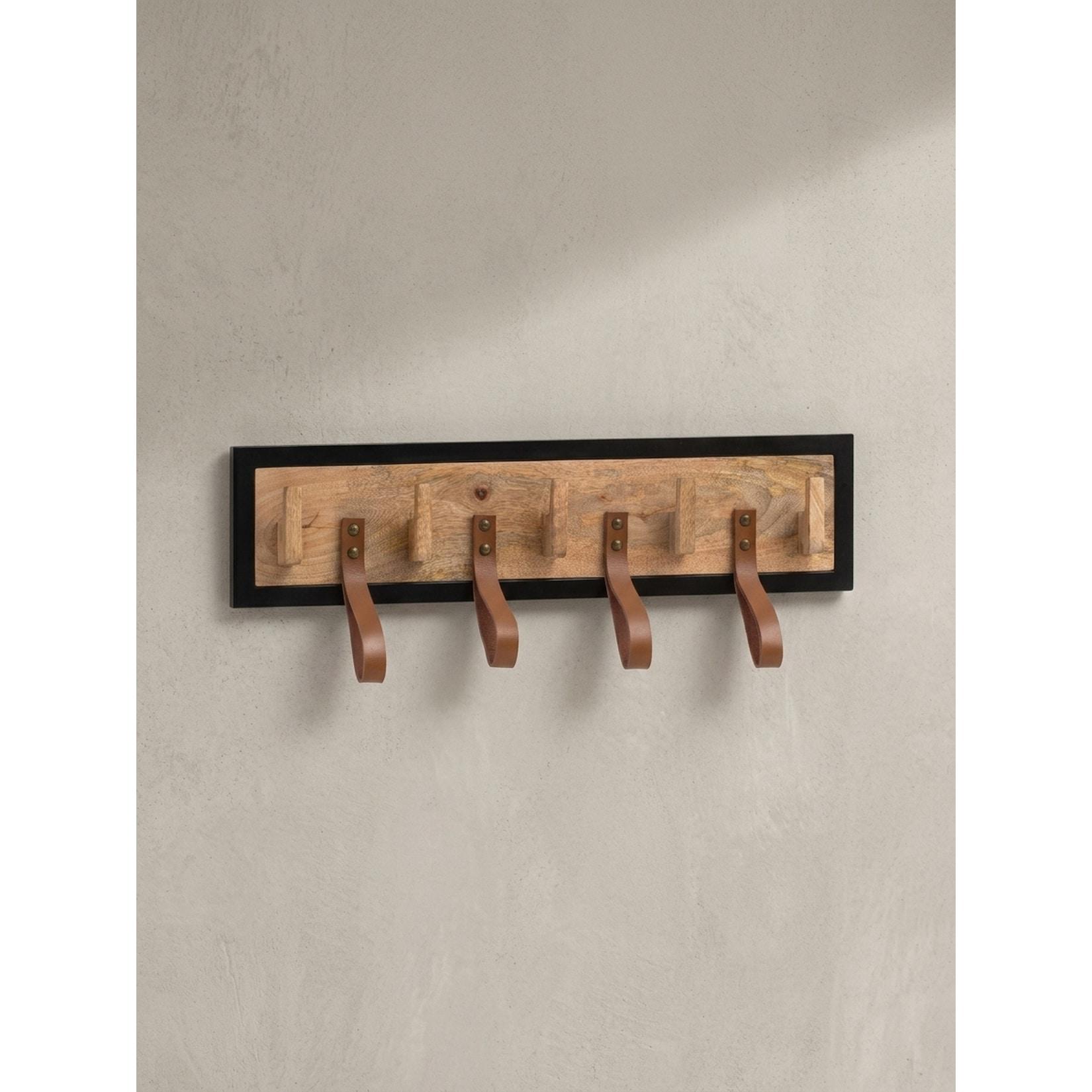 Wandgarderobe Mango Massivholz Echtleder Modern 60x15x6 cm mit Schlaufen