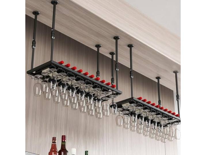 MmcdylyhEU An der Decke montiertes Weinregal mit höhenverstellbaren Hängestangen, umgedrehtem Stielglashalter und Weinflaschenaufbewahrung(Black,60CMX30CM)