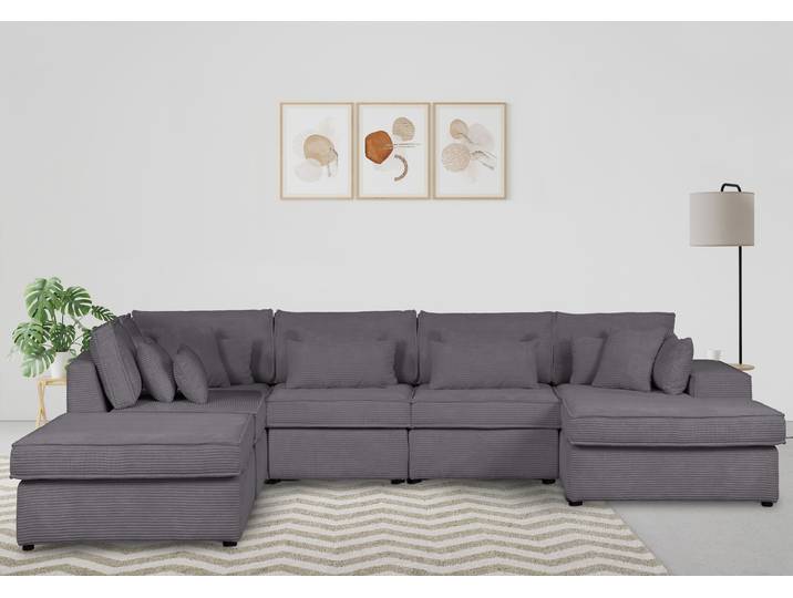 Modulares Sofa, 100% Polyester, Grau, 460×75 cm, U-Form, Modern, RAUM.ID