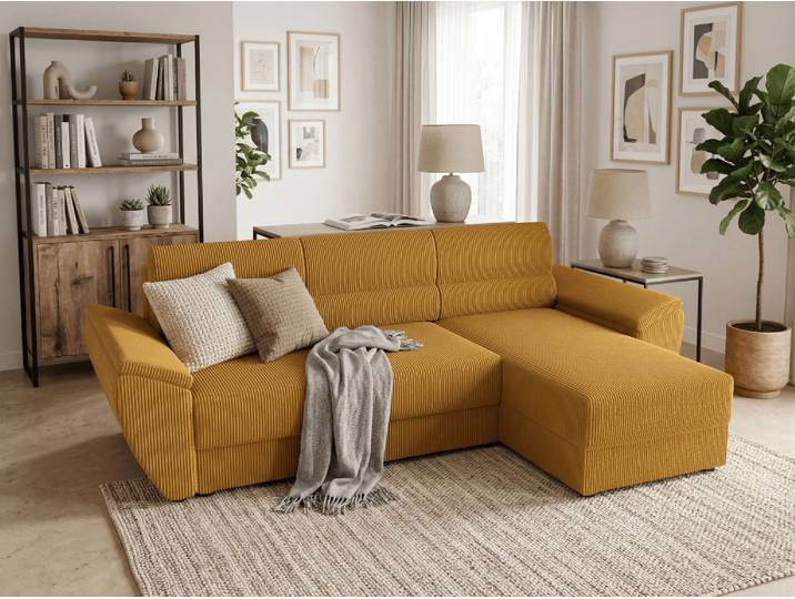 SONDERANGEBOT Ausziehbare beidseitig nutzbare Ecksofa TAVERO 251x140 cm, senfgelb II. Qualität