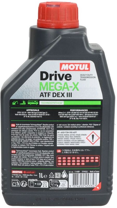 Huile de transmission ATF MOTUL 114409 DRIVE MEGA X ATF DIII 1L