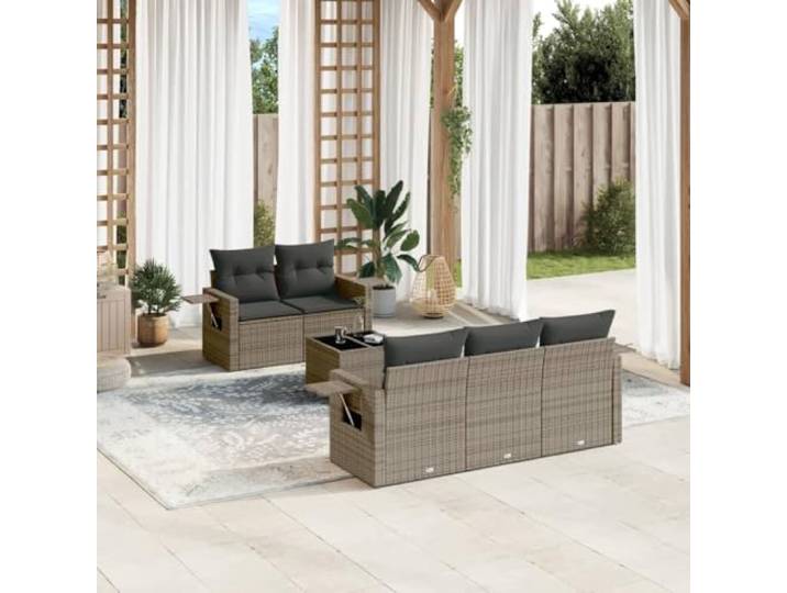 KTHLBRH Gartenmöbel-Set 6-teilig mit grauen Kissen aus Polyrattan Modular, Tischplatte aus gehärtetem Glas, Klapptische, wetterfest