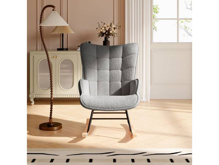 Fauteuil allaitement avec pieds en bois rocking chair scandinave pour chambre d' enfant salon balcon velours teddy gris