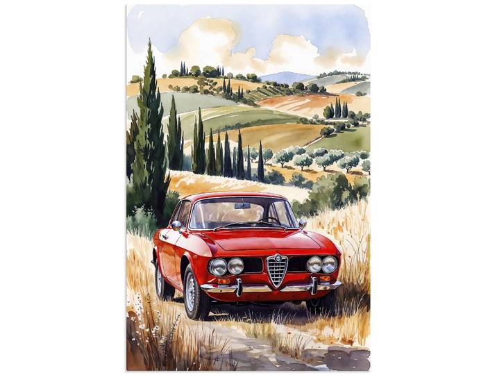Wandbild ARTLAND Roter Alfa Romeo in der Sonne der Toscan , rot (farbe bild(er): rot), B:80cm H:120cm, Bilder, Wandbild, als Alubild, Leinwandbild, Poster, Wandaufkleber in verschied. Grössen