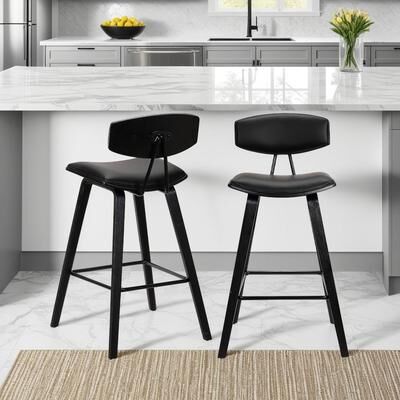Armen Living Fox Mid-Century Bar Stool, Upholstered Counter Height Chair with Bentwood Legs