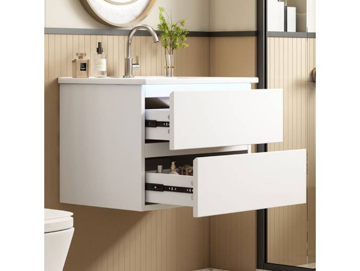 Lavabo mural avec tiroirs - 61x46x45 cm - Blanc - Lumière LED à capteur radar - 2 tiroirs silencieux