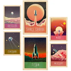 POSTER Set Mit 6 Planetarium Sammlung A3 & A4 Rahmen Aus Hellem Holz