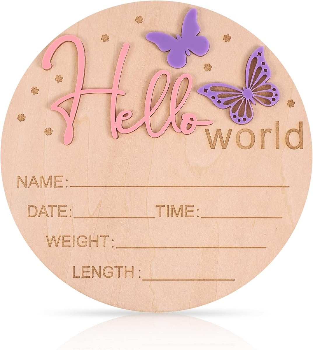 Lasuroa Houten Baby Aankondigingsbord Hello World met Vlinder - 15 cm - Welkomstbord voor Geboorte en Babyshower