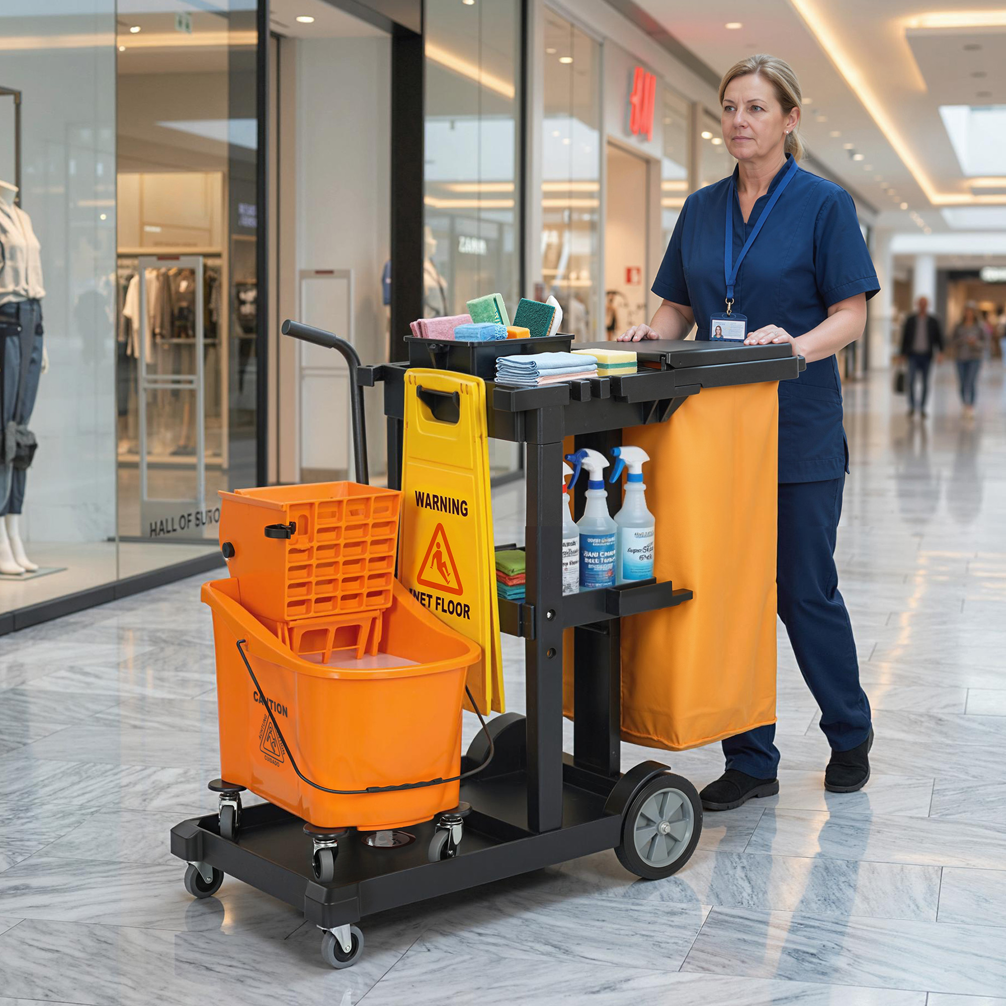 Homcom Carrello Pulizie: Ruote, 3 Ripiani, Sacco 70L, Secchio con Strizzatore.   Aosom Italy