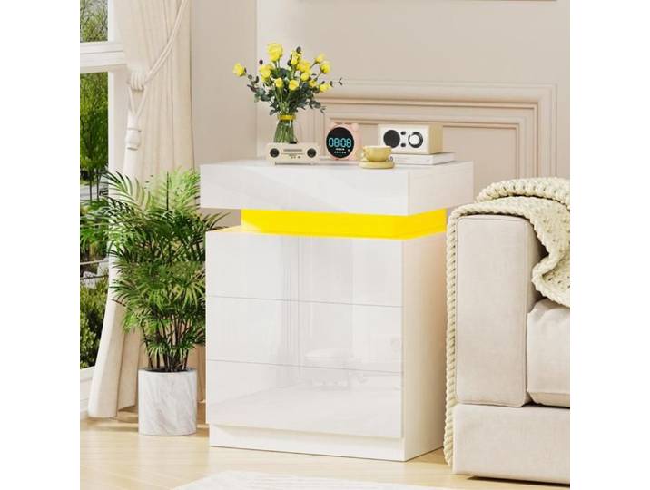 Table de Chevet PIPIPOXER - Chevet avec Bande LED Multicolore Réglable - 3 Tiroirs - Style Moderne - 45x35x61cm - Chevet Blanc
