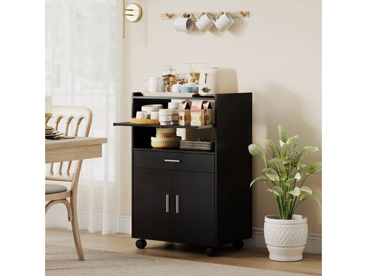 HOMCOM Meuble Micro-ondes Bois Noir avec Tiroir et Placard