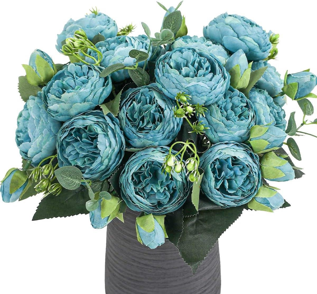4 bundels blauwe kunstpioenrozen met 20 koppen - zijden kunstbloemen voor bruiloft en decoratie