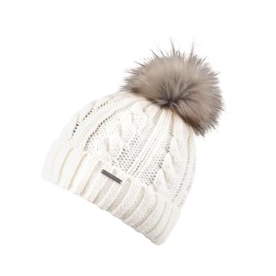 Bommelmütze CHILLOUTS "Joan Hat", Damen, weiß (off, weiß), Grobstrick, Kunstfaser, Zopfmuster, unifarben, Mützen, Mit Fake-Fur Pom Pom, Zopfmuster