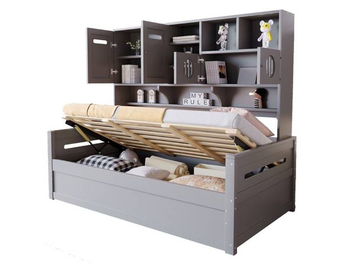 Lit canapé en bois 90x200 cm avec rangement multifonction cadre lit hydraulique gris matelas non inclus