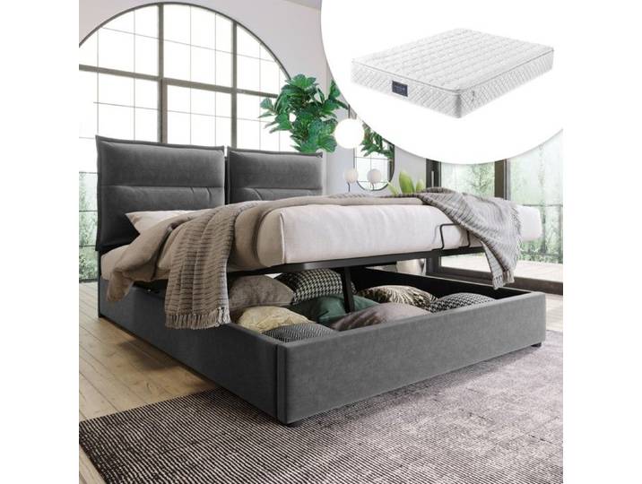 Lit double- Zukavenir- en samt hydraulique avec matelas tête de lit ajustable sommier à lattes- 140x200cm