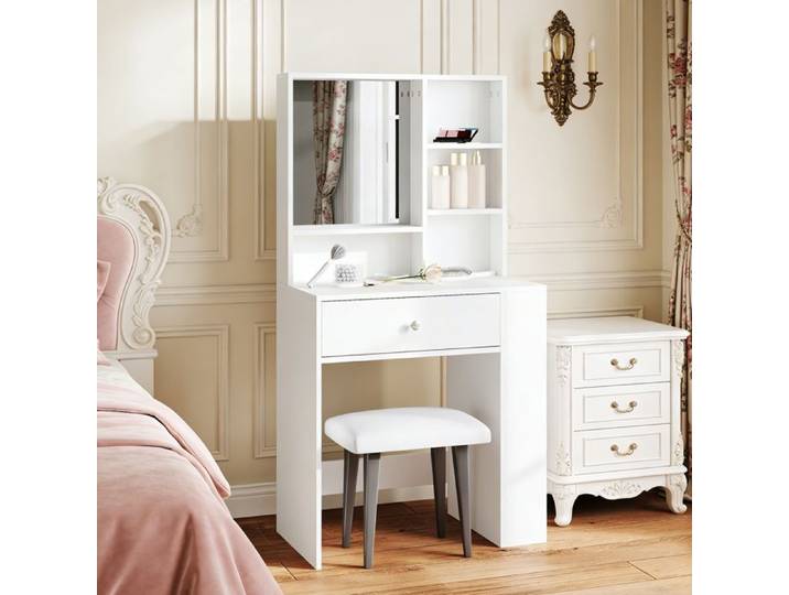 Coiffeuse - POCKETPOP - Miroir intégré - 1 tiroir + étagère 3 niveaux - Blanc 70x40x137 cm